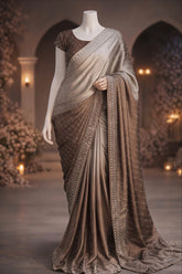Ash Petal – Mushroom Brown & Pastel Olive Ombre Lava Silk Saree with Rhinestone Work The Ink