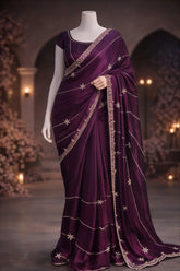 Amethyst Drape – Handwork Deep Wine Purple Saree with Cut Dana Embroidery The Ink