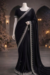Obsidian Elegance – Black Lava Silk Saree with Rhinestone Embellishments The Ink