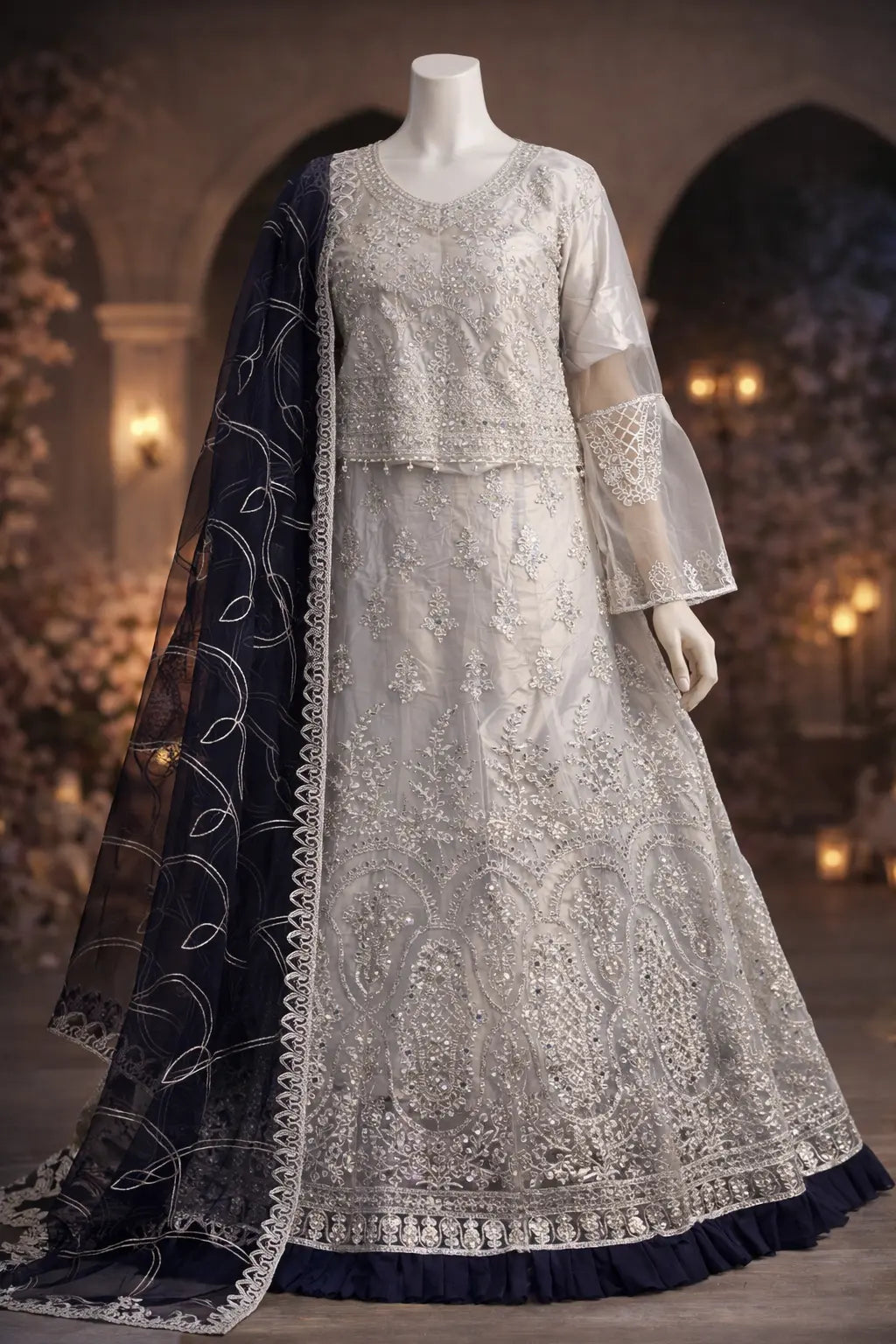 Mah-e-Naz – Ivory Embroidered Lehenga Set with Navy Blue Dupatta The Ink