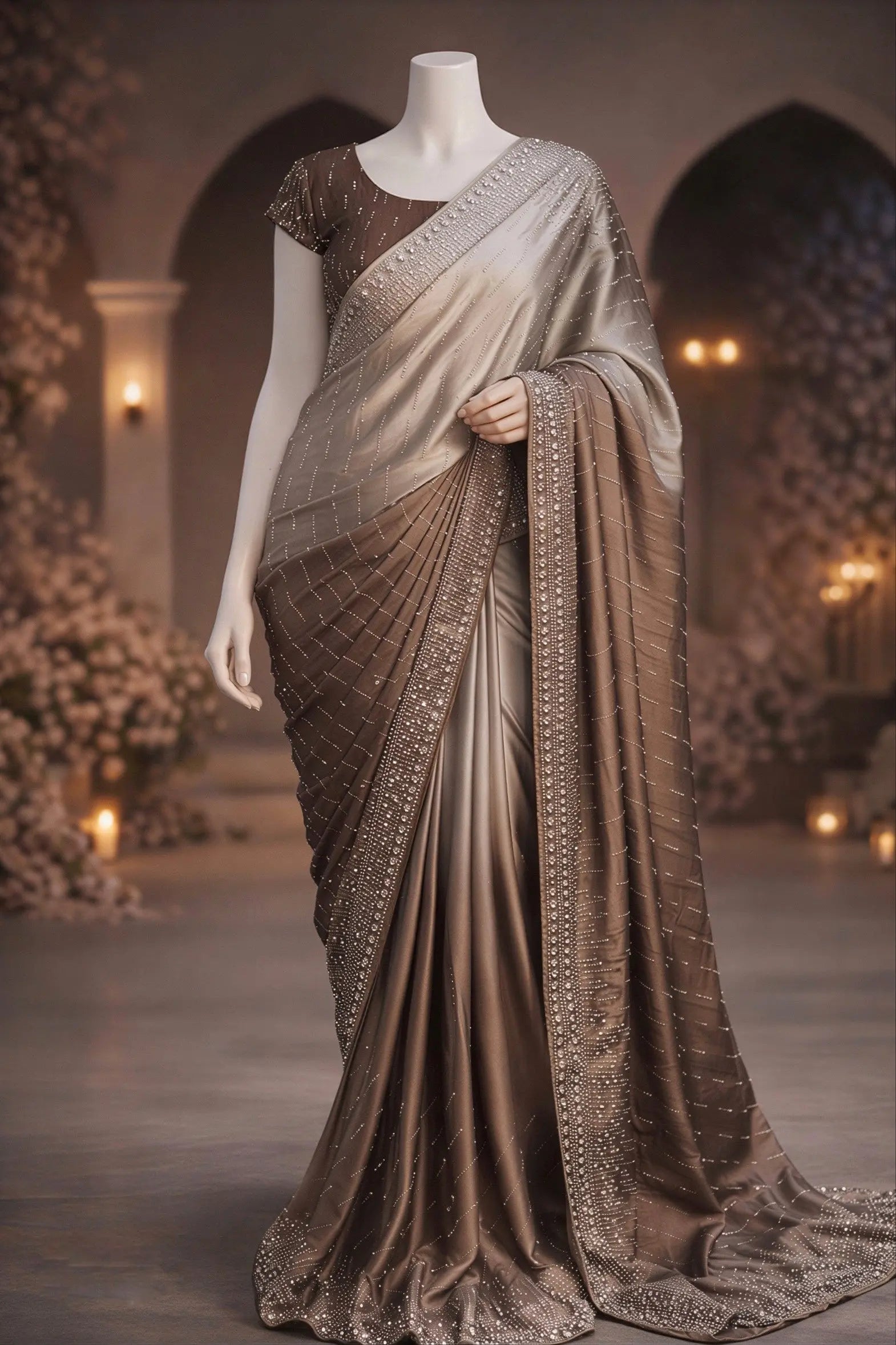 Ash Petal – Mushroom Brown & Pastel Olive Ombre Lava Silk Saree with Rhinestone Work The Ink