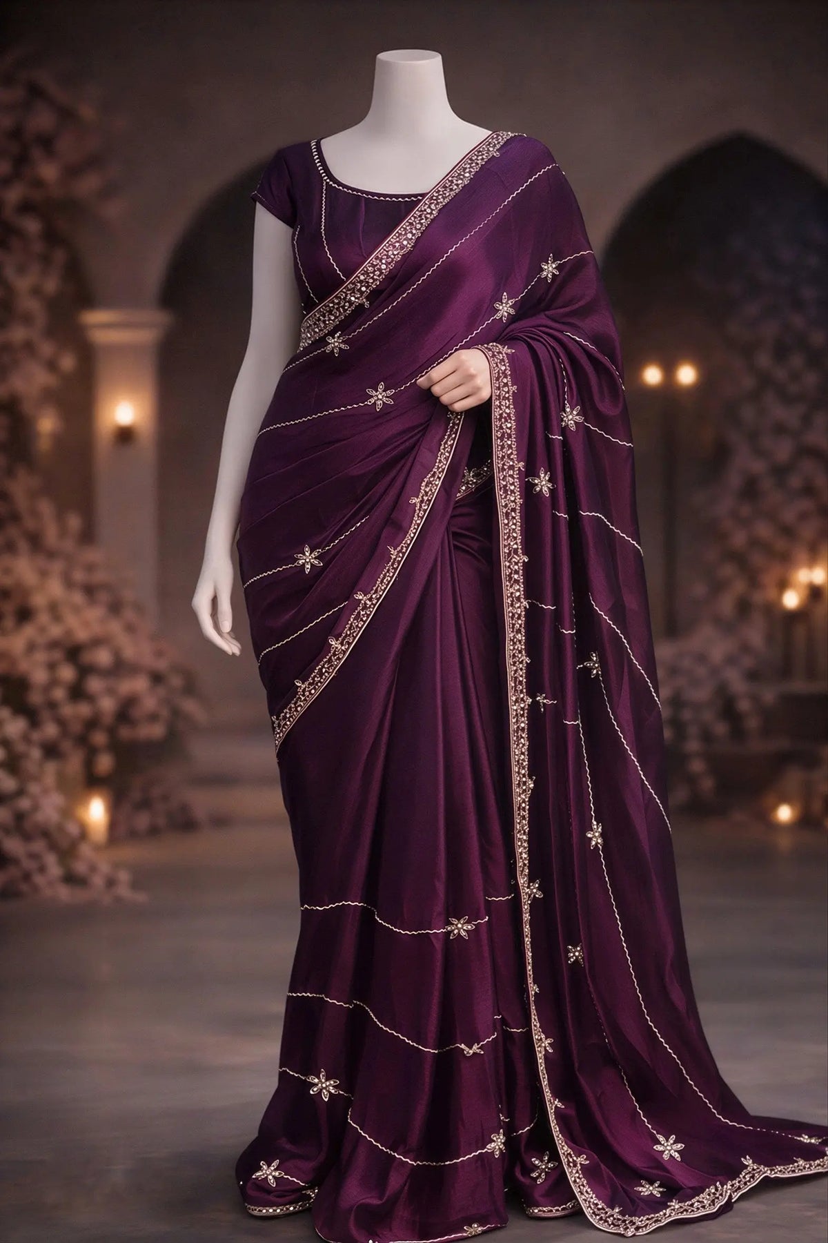 Amethyst Drape – Handwork Deep Wine Purple Saree with Cut Dana Embroidery The Ink