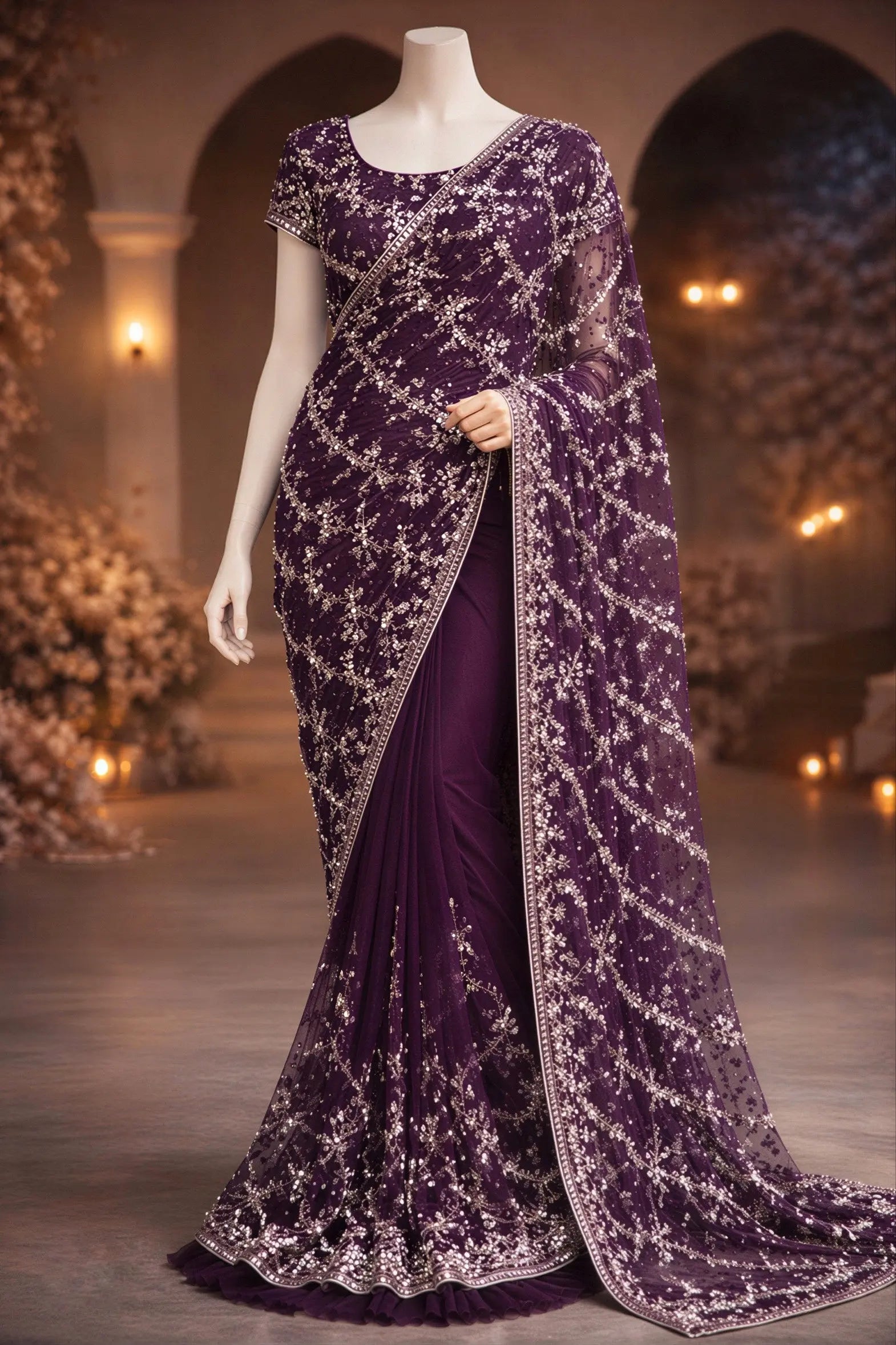 Nebula Prestige – Purple Net Saree with Silver Embroidery, Sequins & Pearl Work The Ink