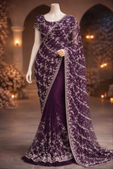 Nebula Prestige – Purple Net Saree with Silver Embroidery, Sequins & Pearl Work The Ink