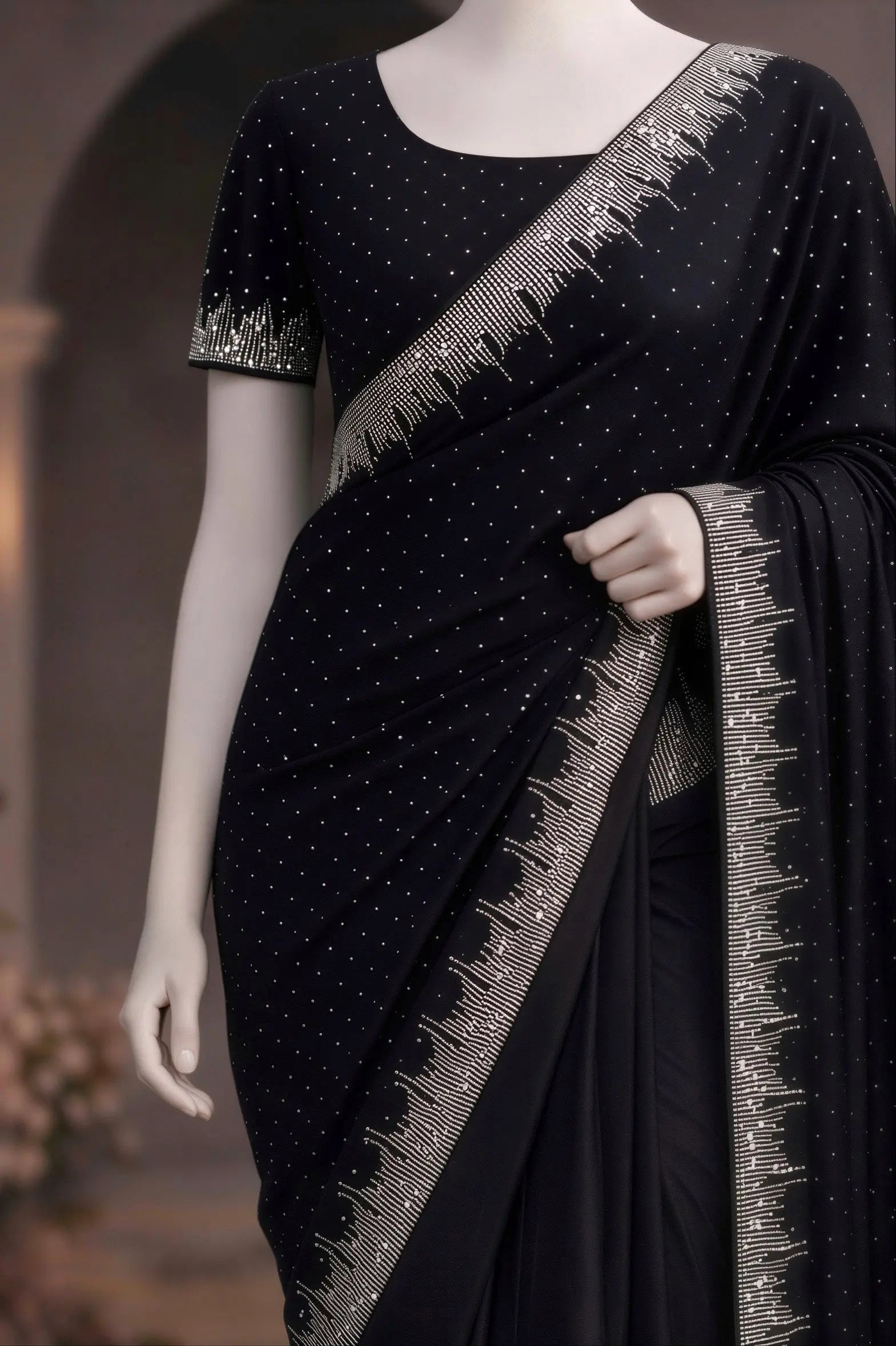 Obsidian Elegance – Black Lava Silk Saree with Rhinestone Embellishments The Ink