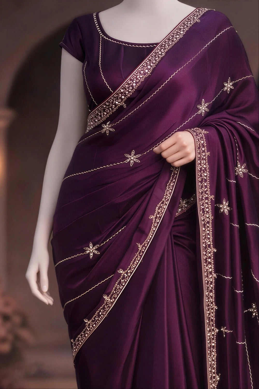 Amethyst Drape – Handwork Deep Wine Purple Saree with Cut Dana Embroidery The Ink