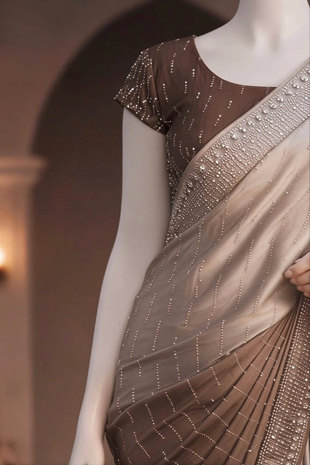 Ash Petal – Mushroom Brown & Pastel Olive Ombre Lava Silk Saree with Rhinestone Work The Ink