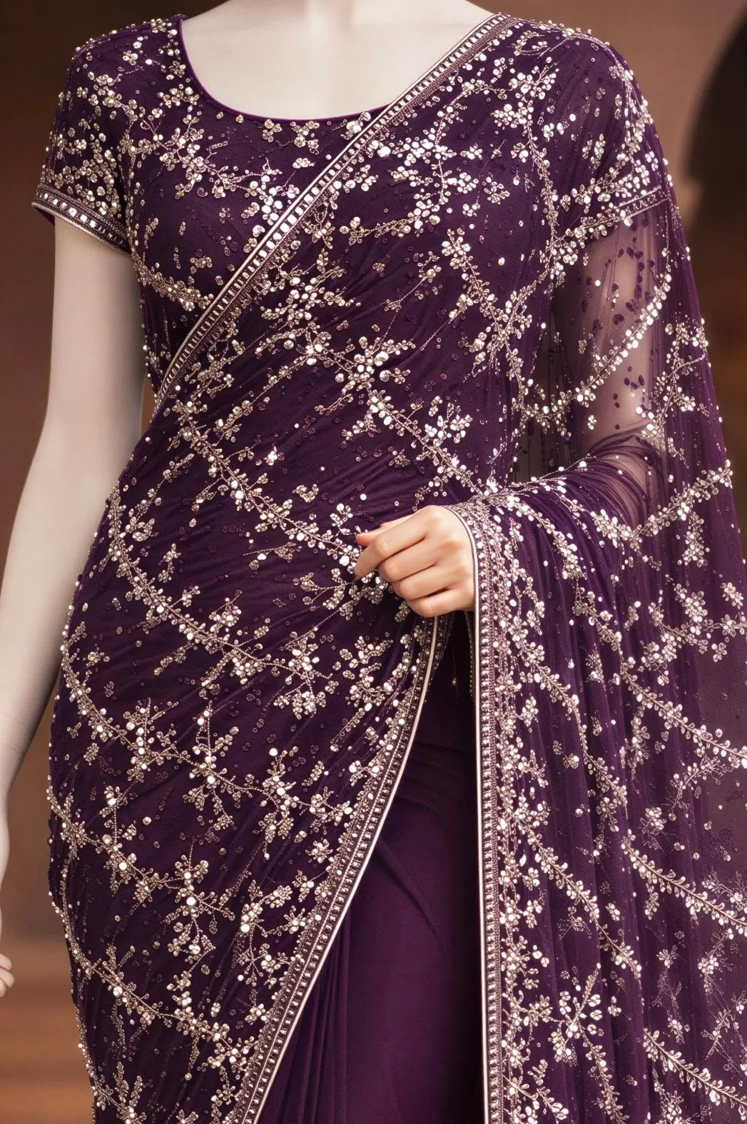 Nebula Prestige – Purple Net Saree with Silver Embroidery, Sequins & Pearl Work The Ink