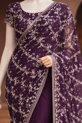 Nebula Prestige – Purple Net Saree with Silver Embroidery, Sequins & Pearl Work The Ink